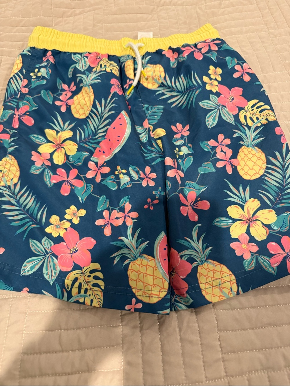Tommy Bahama Navy Tropical Pineapple Swim Trunks with Yellow Waistband